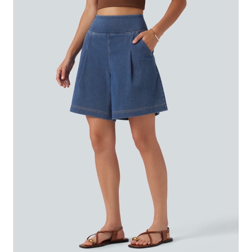 Halara Flex High Waisted Denim Baggy Bermuda Shorts 7in Pockets Blue Medium